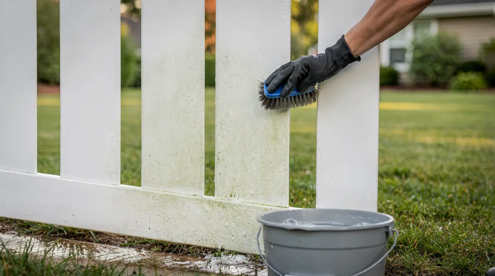 Removing dirt and debris from panels, pickets, and rails only requires mild soap and water